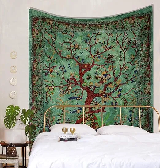 THE ART BOX Tapestry Green Tree of Life Hanging Psychedelic Tapestries Indian Cotton Twin Bedspread Picnic Sheet Blanket Wall Art Hippie Bedroom Décor (82x54 Inch)