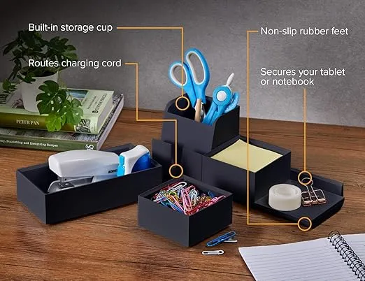 Bostitch Office Konnect Desk Organizer and Charging Station, 2 USB Ports & 2 Plugs, Charges Phones & Tablets, Accessory Tray, 4-Piece Design, Black