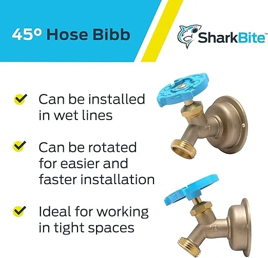 SharkBite 1/2 x 3/4 Inch MHT 45 Degree Hose Bibb, Multi Turn, Push To Connect Brass Plumbing Fitting, PEX Pipe, Copper, CPVC, PE-RT, HDPE, 24632LF