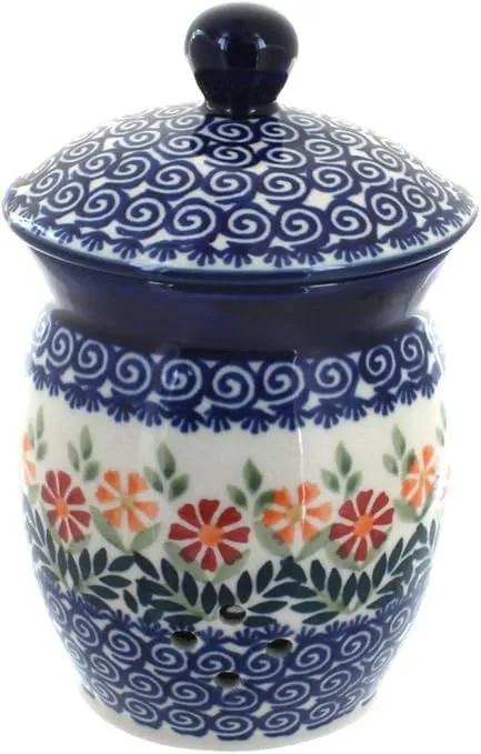 Blue Rose Polish Pottery Garden Bouquet Garlic Keeper