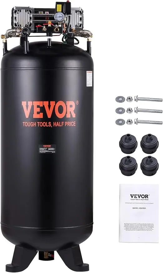 VEVOR Air Compressor 80 Gallon, 2-Stage 145PSI Oil Free Stationary Air Compressor Tank, 6.5HP 15.5SCFM@90 PSI, 86dB Quiet Compressor for Industrial Manufacturing, Construction Sites 3-Phase Power)