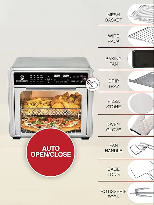 30QT French Door Air Fryer Oven | 20-in-1 Multi-Function Convection Oven with Automatic Touch Door, Rotisserie, Dehydrator, Pizza Stone | 5 Heating Elements up to 450°F | 9 Accessories