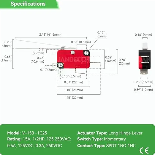 10Pcs Lead Limit Switch Long Straight Hinge Lever, SPDT 1NO 1NC Snap Action Micro Switch V-153-1C25