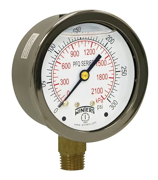 Winters 2-1/2" Dial Size, Liquid Filled Industrial Pressure Gauge, Brass Internals, 304 Stainless Steel Case, Dual Scale 0-300 psi/kPa, 1.5% Acc, 1/4" NPT Bottom Mount, Glycerin Filled Pressure Gauge