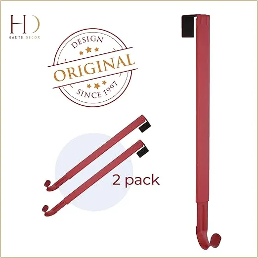 Haute Decor Adapt Adjustable Length Wreath Hanger - 2PACK- Holds up to 20 lbs (Red) - 2 Identical Over The Door Wreath Hanger Hooks