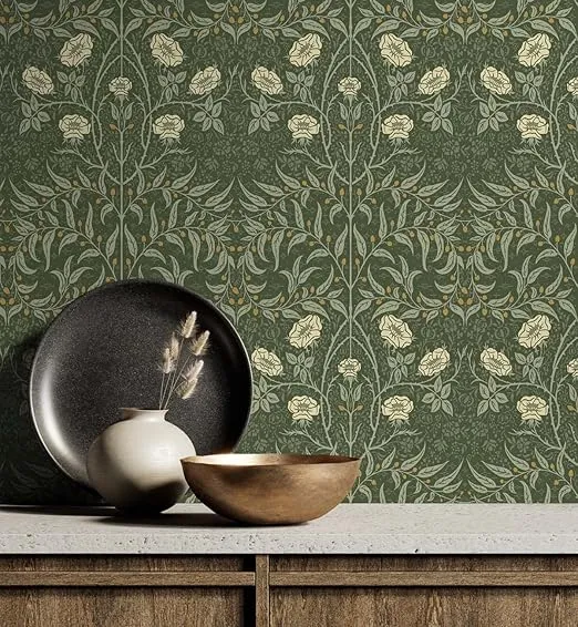 NextWall Stenciled Floral Peel and Stick Wallpaper (Evergreen)