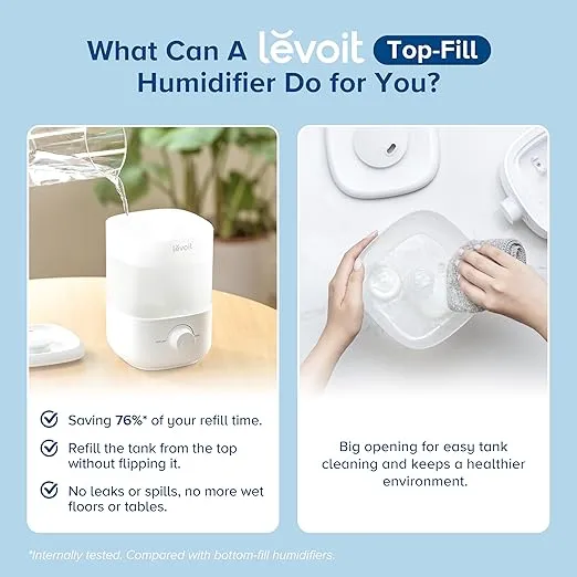 LEVOIT Top Fill Humidifiers for Bedroom, 2.5L Tank for Large Room, Easy to Fill & Clean, 28dB Quiet Cool Mist Air Humidifier for Home Baby Nursery & Plants, Auto Shut-off and BPA-Free for Safety, 25H