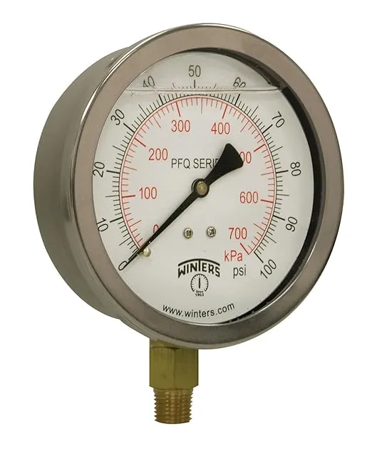 Winters 4" Dial Size, Liquid Filled Industrial Pressure Gauge, Brass Internals, 304 Stainless Steel Case, Dual Scale 0-100 psi/kPa, 1.5% Acc, 1/4" NPT Bottom Mount, Glycerin Filled Pressure Gauge