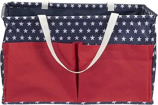 Household Essentials Krush Container All-Purpose Utility Tote, Water-Resistant Vinyl Lining with Pockets, Red, White and Blue