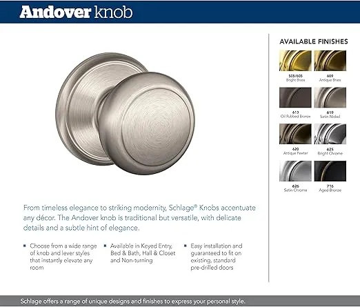 Schlage F170AND716 Andover Door Knob One Sided Non-Turning Dummy Handle, Aged Bronze
