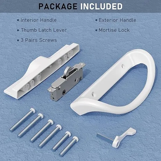 Sliding Door Handle, Non-Keyed Sliding Patio Door Handle Set with Mortise Lock, Fits for 3-15/16” Hole Spacing, Non-Handed, Sliding Glass Door Handles Replacement, White