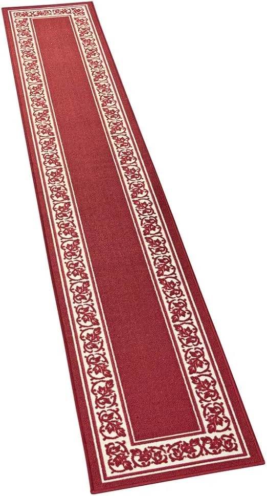 Collections Etc Extra Long Floral Skid-Resistant Border Rug, Burgundy, 20" X 90"