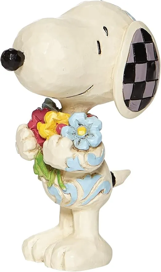 Enesco Peanuts by Jim Shore Snoopy Holding Spring Flowers Miniature Figurine, 3 Inch, Multicolor White