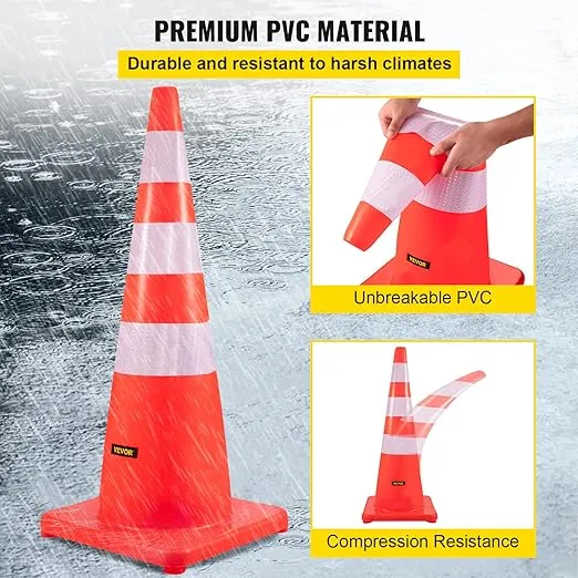 VEVOR Safety Cones, 6 x 36" Traffic Cones, PVC Orange Construction Cones, Reflective Collars Traffic Cones with Weighted Base Used for Traffic Control, Driveway Road Parking and School Improvement