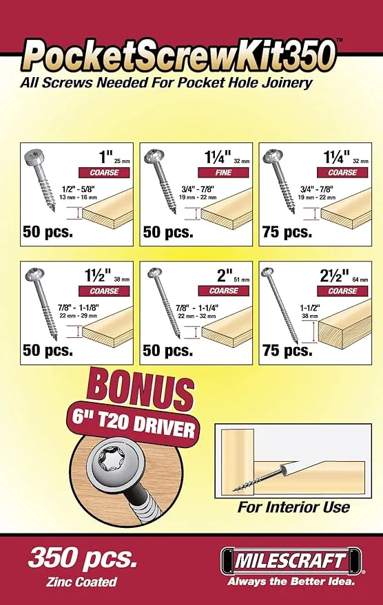 Milescraft 5209 Pocket Screw Kit 350- T20 Star Head Pocket Hole Screw Kit (350-Pieces)- 6 Sizes + Bonus 6inch Magnetic Driver Included-All Screws Needed for Pocket Hole Joinery