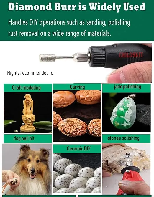 Chiloskit 10 Pics Diamond Coated 8mm Cylinder Head Mounted Points Grinding Bit Rotary Diamond Burr Set,3mm 1/8 Shank Suit for Most Rotary Tool Bit Grinder