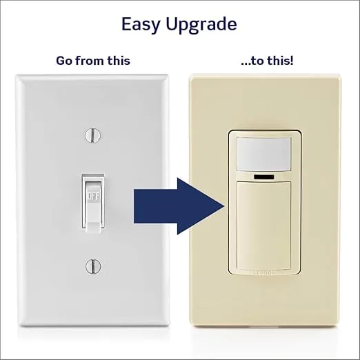 Leviton DOS02-1LI Motion Sensor Light Switch, Motion Activated, Auto-On/Auto-Off or Manual-On, 2A, No Neutral Wire Required, Single Pole, Ivory