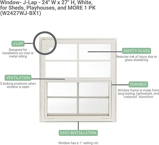 Shed Window 24" W x 27" H, J-Lap for Sheds, Playhouses, and Chicken Coops 1 PK (White)