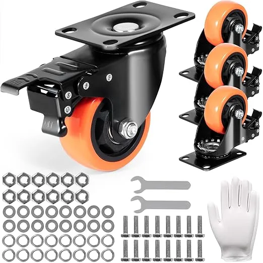 VEVOR Caster Wheels, 3-inch Swivel Plate Casters, Set of 4, with Security A/B Locking No Noise PVC Wheels, Heavy Duty 1000 lbs Load Capacity, Non-Marking Wheels for Cart Furniture Workbench