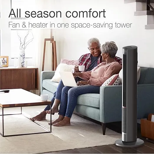 Lasko Oscillating All Season Tower Fan and Space Heater in One for Home with Adjustable Thermostat, Tip-Over Switch, 4 Fan Speeds, 3 Heat Settings and Remote Control, 42 Inches, 1500W, Gray, FH515