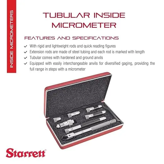 Starrett Tubular Inside Micrometer Set with Case, Quick-Reading Figures, Hardened, Interchangeable and Ground Anvils - 1.5-8" Range, .001" Graduations - 823AZ
