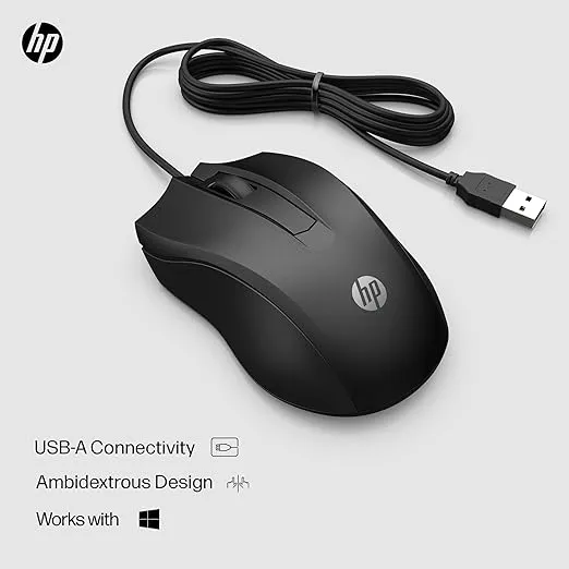 HP Wired Mouse 100 - Precise Optical Sensor with 1600 DPI - Easy USB Connection - Ambidextrous Design - 3 Button Control & Built-in Scrolling - Multi-OS Compatible (6VY96AA#ABL)