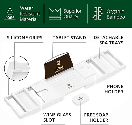 ROYAL CRAFT WOOD Premium Foldable Bathtub Tray - Wood Bath Tray for Tub, Bamboo Bathtub Shelf, Expandable Bath Table Tray, Luxury Bathtub & Bathroom Accessories for New Home & Unique Gift for Women