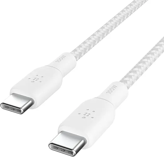 Belkin USB-C to USB-C Cable, BoostCharge Braided Power Cable (3M/10ft), Fast Charging Cable w/ 100W Power Delivery, USB-IF Certified for iPhone 16, MacBook, Chromebook, Galaxy & More - White