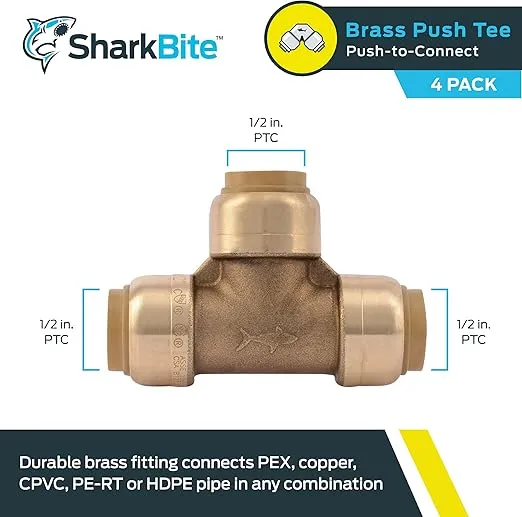 SharkBite 1/2 Inch Tee, Pack of 4, Push to Connect Brass Plumbing Fitting, PEX Pipe, Copper, CPVC, PE-RT, HDPE, U362LFA4