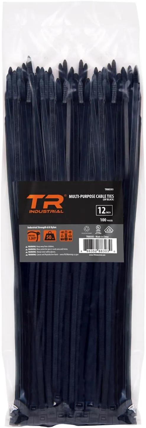 TR Industrial Multi-Purpose UV Resistant Black Cable Ties, 12 inches, 100 Pack