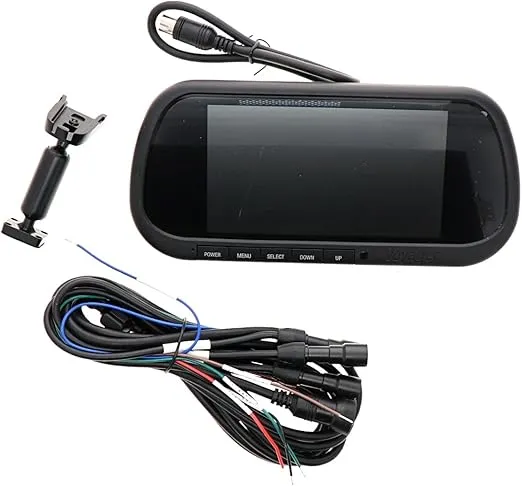 Voyager VOM74MM Replacement 7" TFT LCD Rearview Mirror Monitor; Matte Black Body; 12VDC; PAL/NTSC Compatible; 16:9 Aspect Ratio; 3 Camera Inputs; White Backlight Buttons; Built-in Speaker