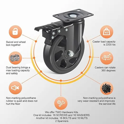 5 inch Caster Wheels 2200lbs,Locking Casters Set of 4 Heavy Duty,YAEMIKY Double Ball Bearing Swivel Plate Caster Wheels for Cart,Workbench,Cabinets(AB Brake/Black)
