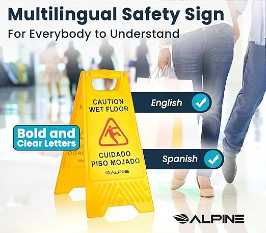 Alpine 24 Inch Caution Wet Floor Sign, High Visibility Yellow Caution Slippery When Wet Sign - Bilingual Safety Warning Sign to Easily Avoid Slippery Accidents in Businesses & High Traffic Areas
