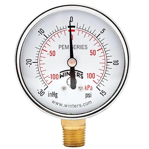 Winters 2-1/2 inch Dial Size, Multi Function Economy Utility Dry Pressure Gauge, Brass Internals, Steel Case, Dual Scale 30 inch Hg-0 Vac/kPa, 3-2-3% Acc, 1/4" NPT Bottom Mount, Vacuum Pressure Gauge