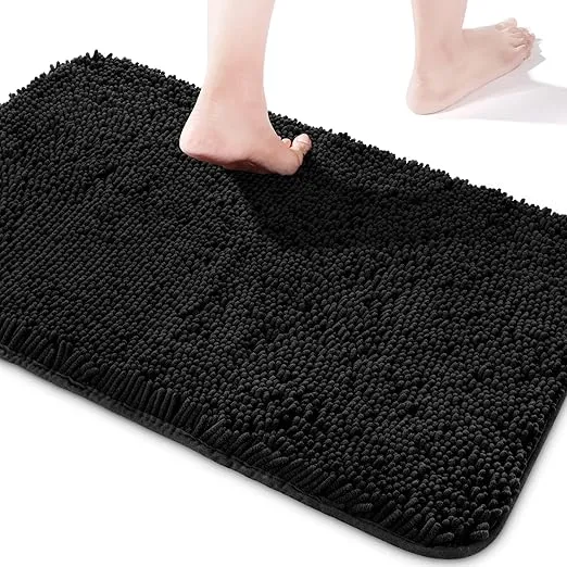 Yeaban Chenille Bathroom Rugs Non-Slip Thick Plush Bath Mat - Absorbent Washable Bath Rugs for Bathroom Shower Sink Carpet (Black, 24" x 36")