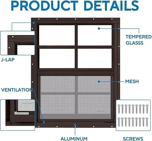 2 Pack 18" x 23" Brown Shed Window with Tempered Glass and Fiberglass Screen Household Sliding Windows with Screws for Shed, Chicken Coop, Playhouse, Garage and Barns