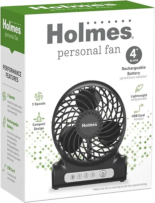 HOLMES 4" Personal Fan, Rechargeable Battery, 3 Speed Settings, Lightweight, Compact and Portable, Adjutstable Head, Home and Office, USB Cable, Black Finish