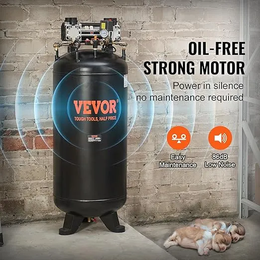 VEVOR Air Compressor 80 Gallon, 2-Stage 145PSI Oil Free Stationary Air Compressor Tank, 6.5HP 15.5SCFM@90 PSI, 86dB Quiet Compressor for Industrial Manufacturing, Construction Sites 3-Phase Power)