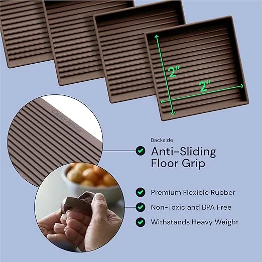 CasterMaster Non Slip Furniture Pads- 2x2 Square Rubber Anti Skid Caster Cups, Leg Coasters- Couch, Chair, Feet, and Bed Stoppers- Anti-Sliding Floor Protectors for Furniture (Set of 4) Brown
