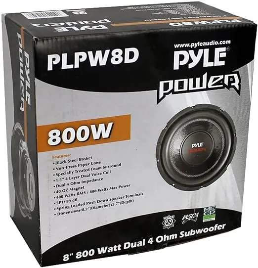 Pyle Car Subwoofer Audio Speaker - 8in Non-Pressed Paper Cone, Black Plastic Basket, Dual Voice Coil 4 Ohm Impedance, 800 Watt Power and Foam Surround for Vehicle Stereo Sound System - PLPW8D