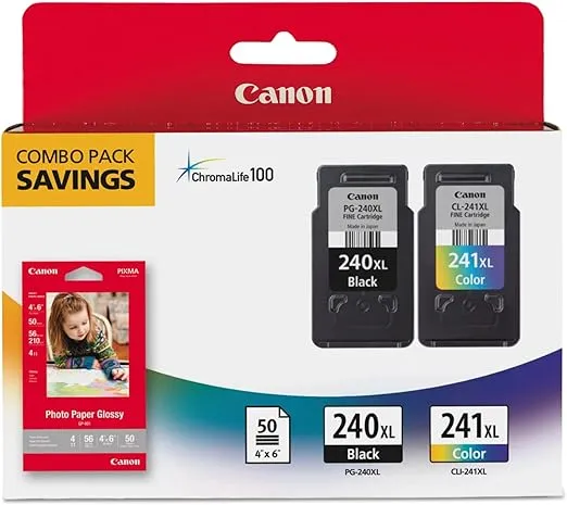 Canon PG-240 XL/CL-241 XL Genuine Ink Value Pack (2 Cartridges) with 50-Sheet Photo Paper, Compatible with MG2120/3120/4120/2220/3220/4220/3520/3620, MX372/392/432/452/472/512/522/532, TS5120