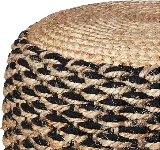 Lr Home Spruce Natural / Black Round Ottoman Pouf for Home Decor | Striped Hand-Woven Jute Cotton Blend Round Pouf Ottoman Footrest for Bedroom & Living Room Decor | 18" X 18" X 12"