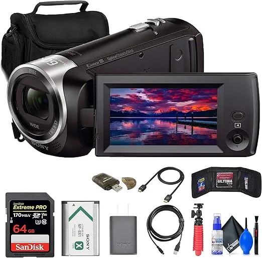 Sony HDR-CX405 HD Handycam (HDRCX405/B) + 64GB Memory Card + Bag + Card Reader + Flex Tripod + Memory Wallet + Cleaning Kit (Renewed), Black