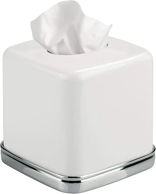 iDesign York Facial Tissue Box Cover, Vintage Holder for Bathroom Vanity Countertops, 5.75" x 5.75" x 5.5", Chrome and White