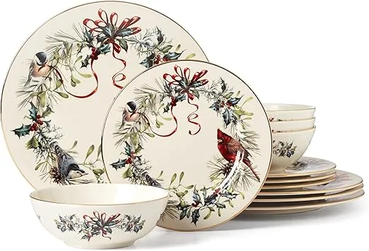 Lenox Winter Greetings 12-Piece Dinnerware Set, 16.90, Red & Green