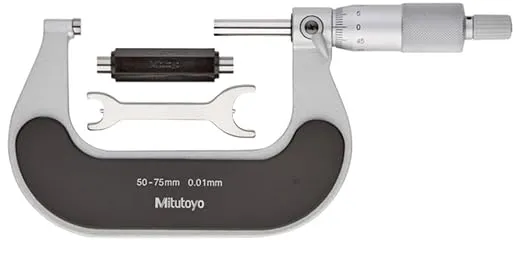 Mitutoyo 102-301 Outside Micrometer, Heat Insulated Frame, Ratchet Stop, 0-25mm Range, 0.01mm Graduation, +/-0.002mm Accuracy