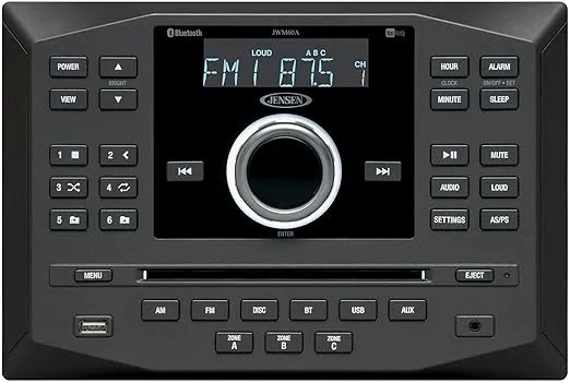 Jensen JWM62A AM|FM|DVD|CD|USB|AUX|App Ready Wallmount Stereo w/ App Control, 3-Speaker Zones / 8 Speaker Output 8X 6 Watt, Receives Bluetooth Audio (A2DP) & Controls (AVRCP) from Devices