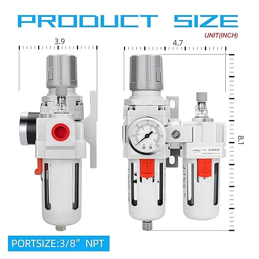 NANPU 3/8" NPT Compressed Air Filter Regulator Lubricator Combo Water/Oil Trap Separator - Gauge(0-150 psi), Poly Bowl, Semi-Auto Drain, Bracket - 3 in 1 Two Unit