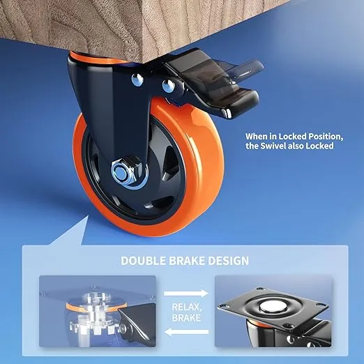 4 Inch Caster Wheels Heavy Duty 2200Lbs, Casters Set of 4 with Safety Dual Locking, Swivel Industrial Plate Casters, No Noise Wheels for Cart, Furniture(Bonus of 2 Hardware Kits & Gloves)