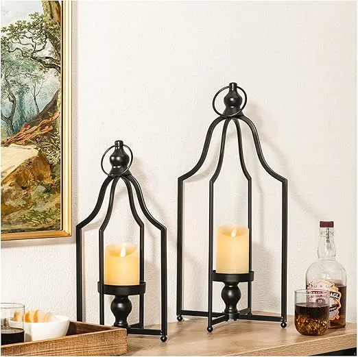 Glitzhome Modern Farmhouse Metal Lanterns Decorative Hanging Candle Lanterns Distressed Black Set of 2 (Large and Small)